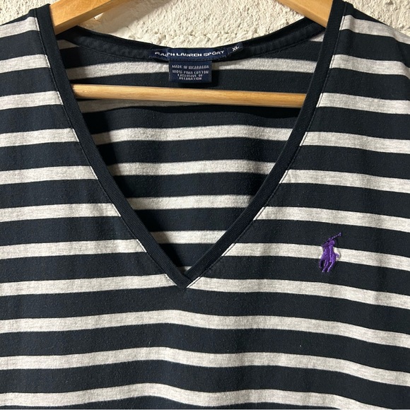 RALPH LAUREN SPORT T-Shirt Dark Blue/ Light Gray Striped V-Neck Women’s Sz L/XL - Picture 4 of 5